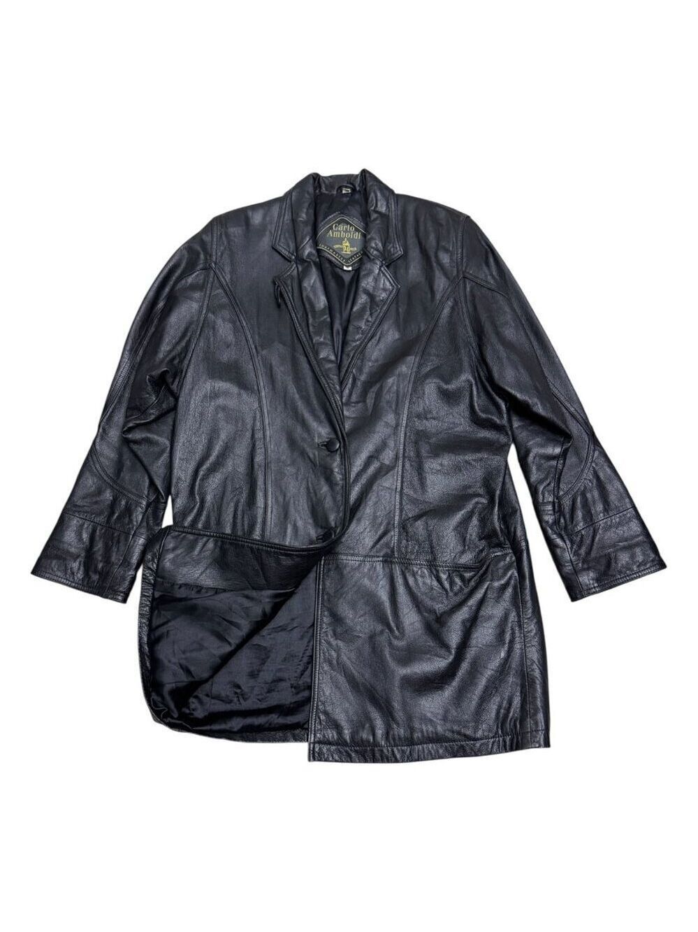 VINTAGE LEATHER Carlo Amboldi Long Black Trench Retro Coat Womens Small